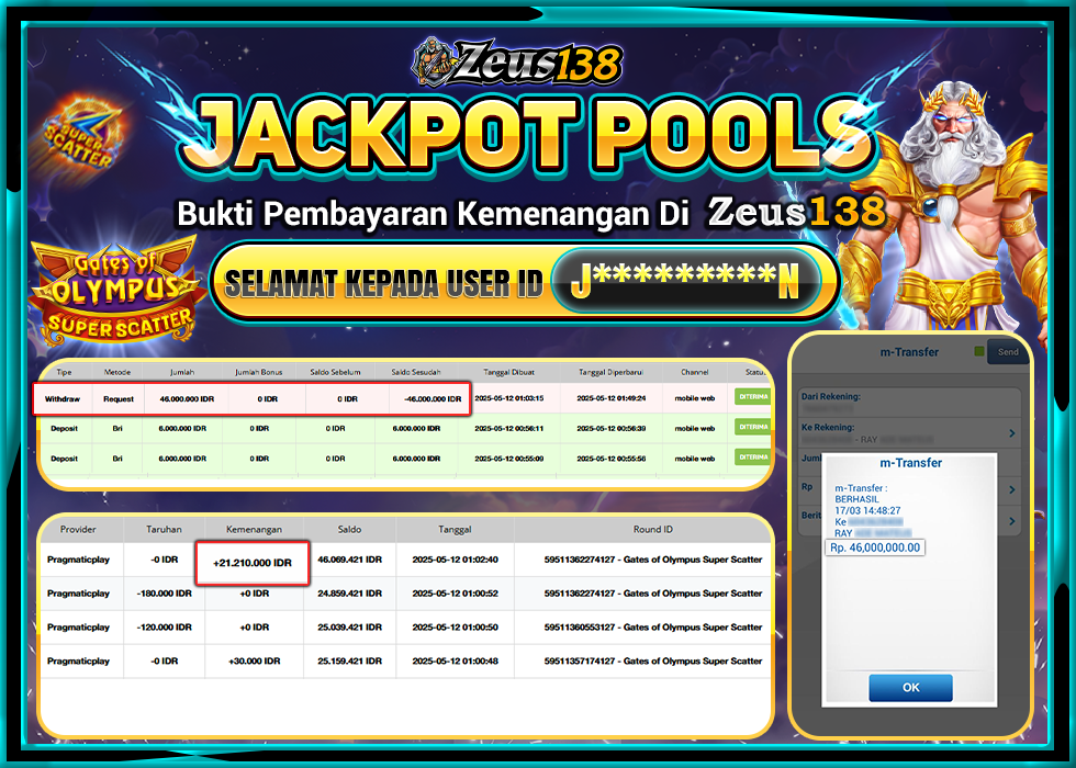 ZEUS138 GATES OF OLYMPUS SUPER SCATTER Rp.46.000.000,- LUNAS